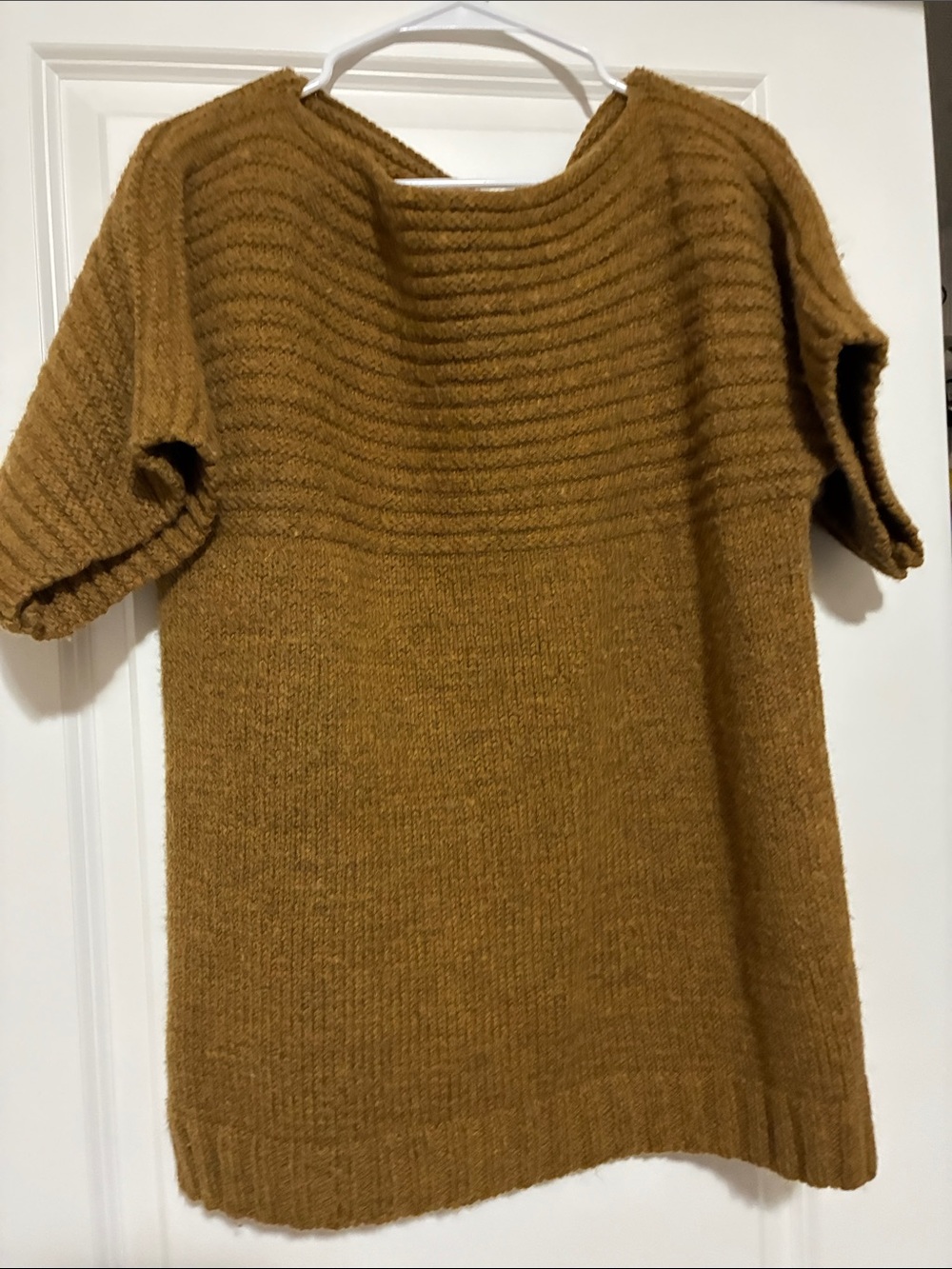 Handwoven -Short-Sleeve Ribbed Knit Tunic Sweater in Mustard